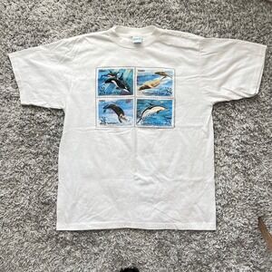 True VTG 80s USA Postal Service 25 Cent Stamp Sea Life Whale Graphic T Shirt XL